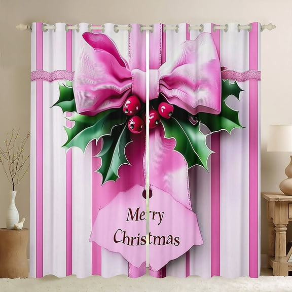 jejeloiu Marry Christmas Curtains Pack of 2 (42x84 Each),Red Fruit Curtains Blackout,Pink Geometric Stripes Bedroom Curtains For Child,Microfiber Bedroom Decor