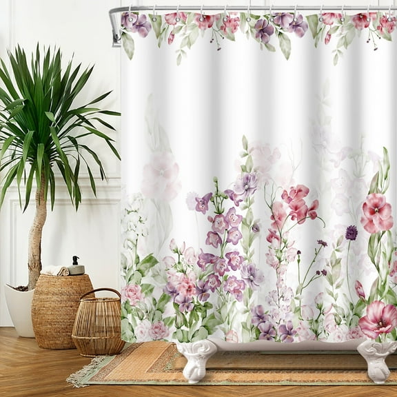 SUNOLIFE Pink Floral Shower Curtain Flowers Plants Waterproof Fabric Bathroom Curtain 72x72 in