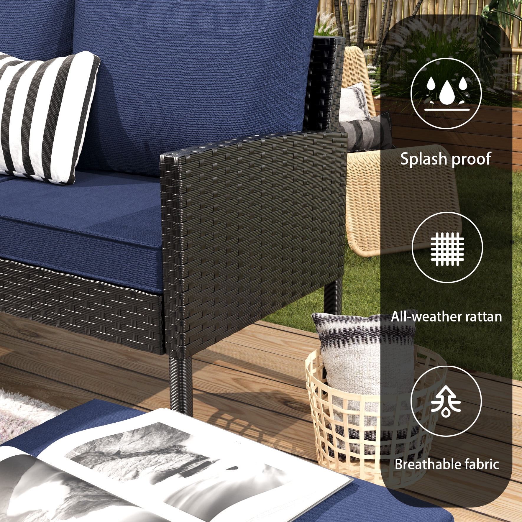 Leumius Patio Furniture Set,7-Piece Outdoor Sectional Sofa with Tempered Glass Table,Rattan Outdoor Conversation Set for Backyard & Porch,Garden,Blue
