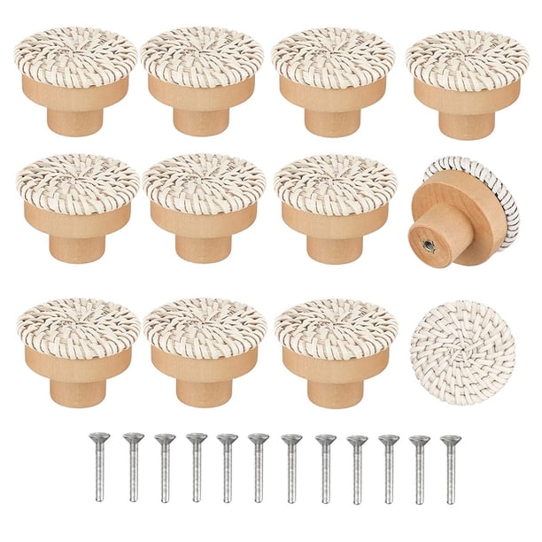 Pomos de Tocador de RatáN Bohemio, Pomos de CajóN de Madera Redondos, Tejido de Mimbre Hecho una Mano y Tornillos para Pomos de Muebles Bohemios, Beige, 12 Piezas