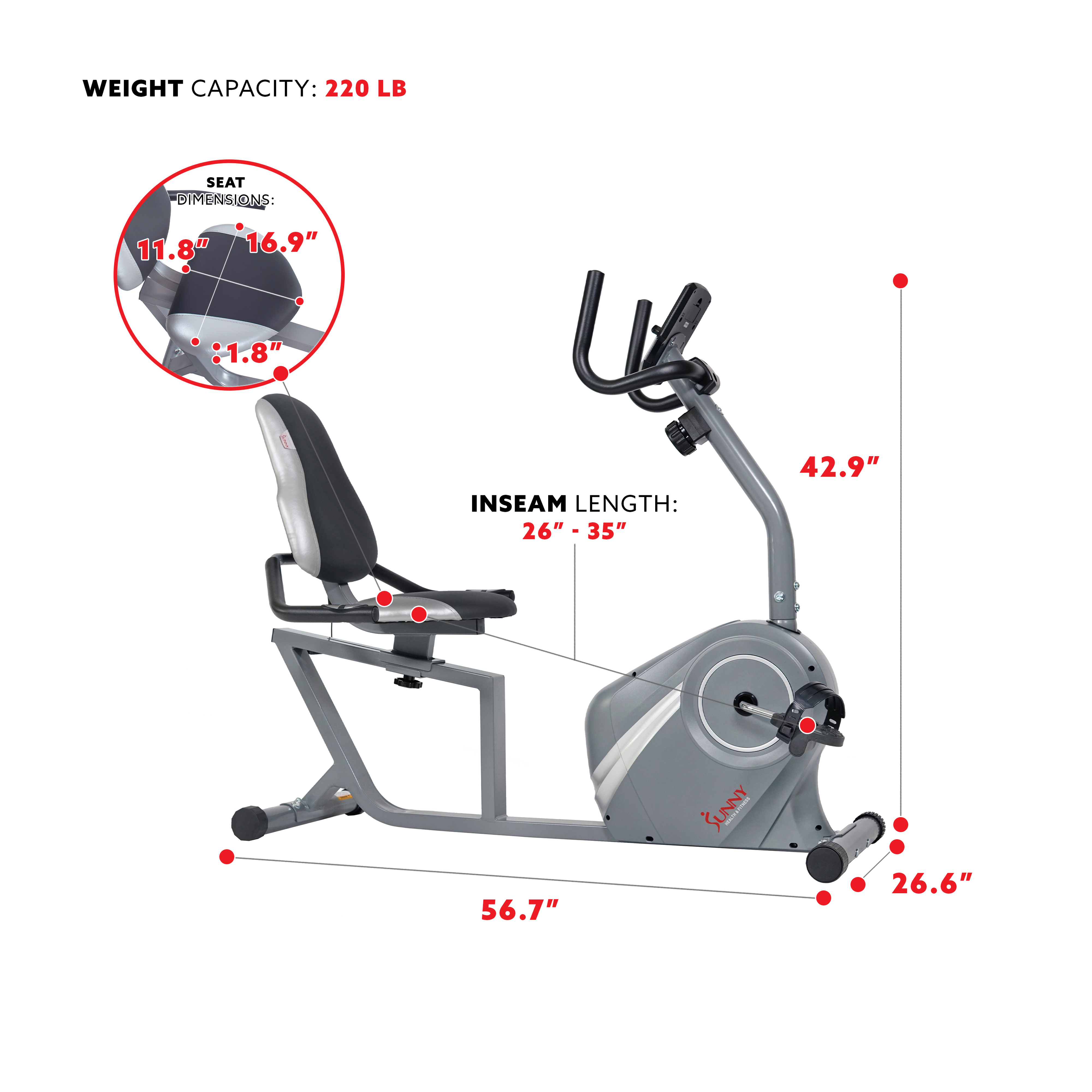 Sunny Health & Fitness Magnetic Recumbent Exercise Bike for Indoor Cardio Training w/ Adjustable Soft Seat Cushion, SF-RB4876 - image 7 of 8