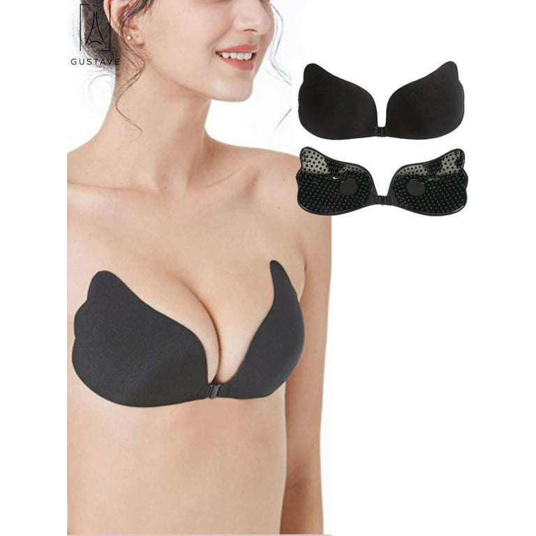 GustaveDesign Women's Sexy Strapless Invisible Bra Reusable Self-Adhesive  Push Up Bra Backless Sticky Silicone Bra Black, B Cup 