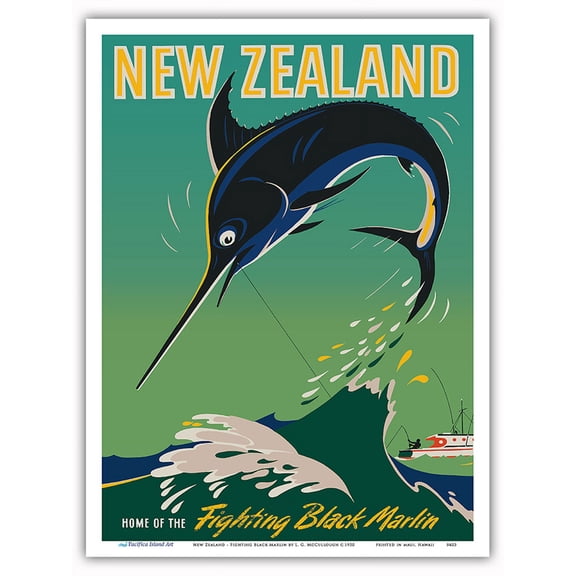 New Zealand - Home of the Fighting Black Marlin - Big Game Fishing - Vintage Travel Poster by L. G. McCullough c.1950 - Master Art Print (Unframed) 9in x 12in