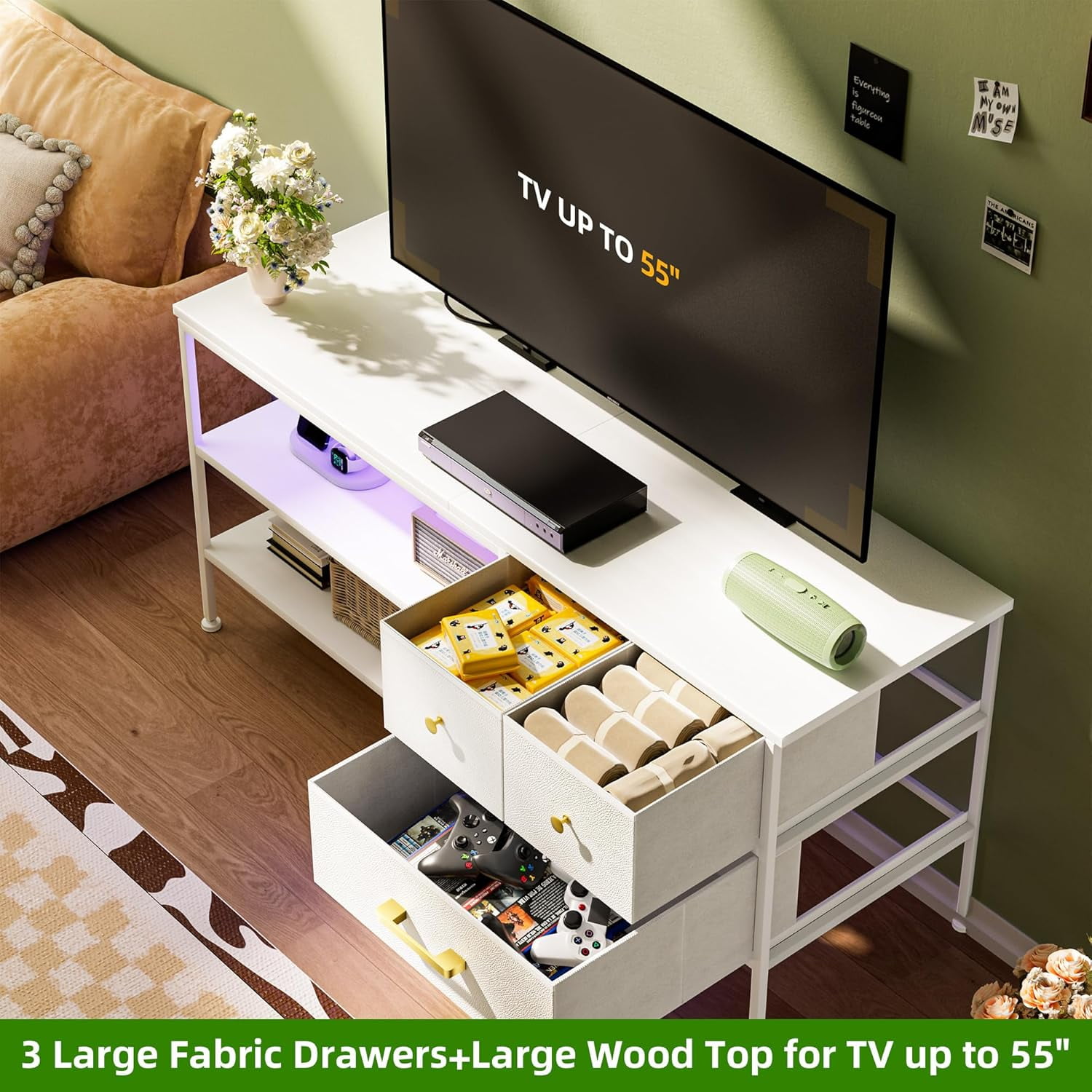 TV Stand with LED Lights & Power Outlet for 55 Inch TVs, Entertainment Center with 3 Storage Drawers and Shelves, TV Stands for Living Room and Bedroom, 50" TV Console, White