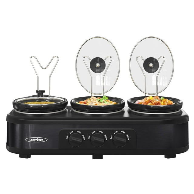 SUNVIVIPRO 3 * 1.5 cuartos Triple Olla de Cocción Lenta, Servidor de Buffet y Calentador con 3 Ollas de Cerámica Removibles, 3 Configuraciones de Temperatura Ajustables y 3 Soportes de Tapa de Metal,