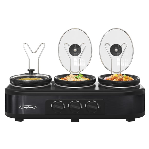SUNVIVIPRO 3 * 1.5 cuartos Triple Olla de Cocción Lenta, Servidor de Buffet y Calentador con 3 Ollas de Cerámica Removibles, 3 Configuraciones de Temperatura Ajustables y 3 Soportes de Tapa de Metal,