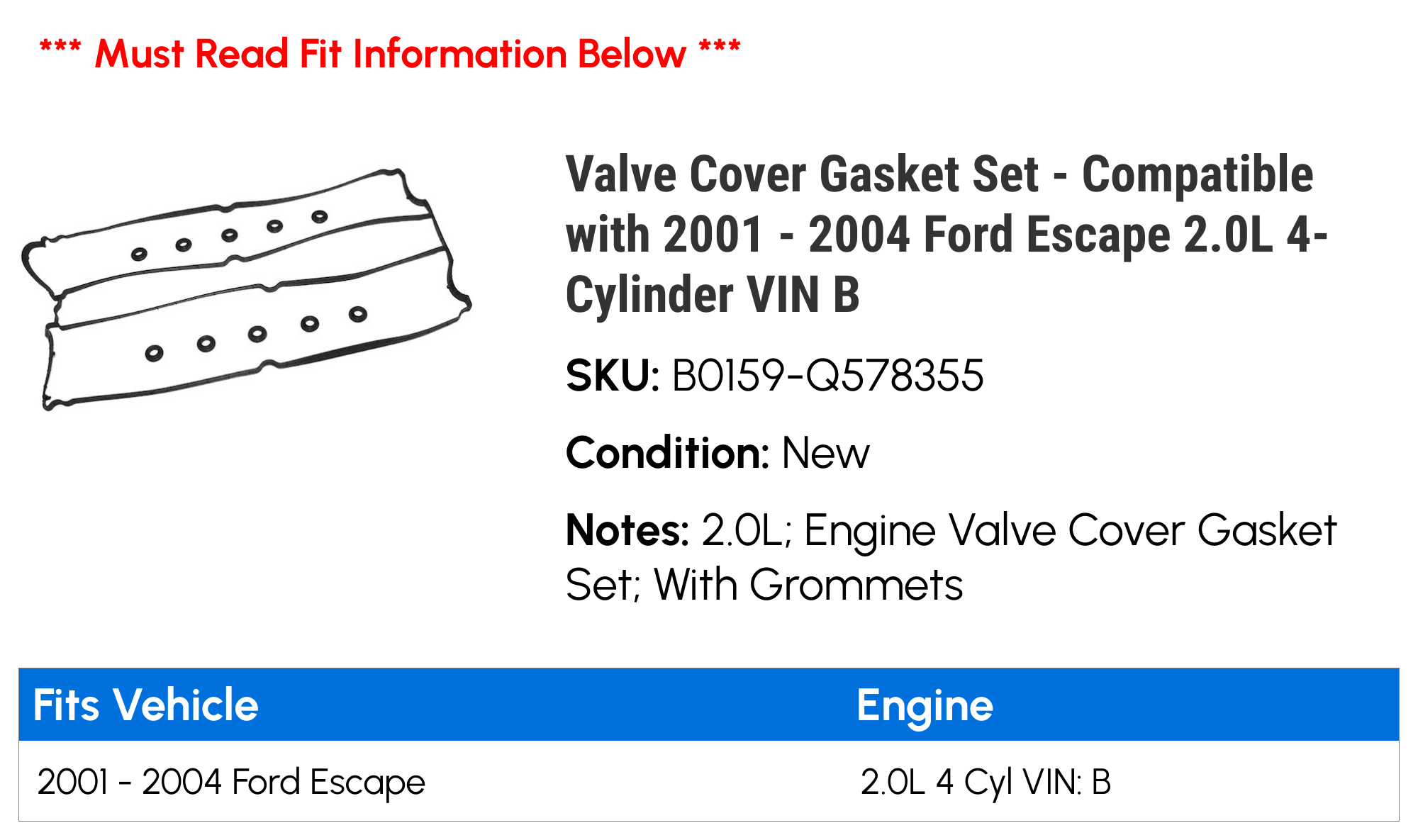 Valve Cover Gasket Set - Compatible with 2001 - 2004 Ford Escape 2.0L 4-Cylinder VIN B 2002 2003