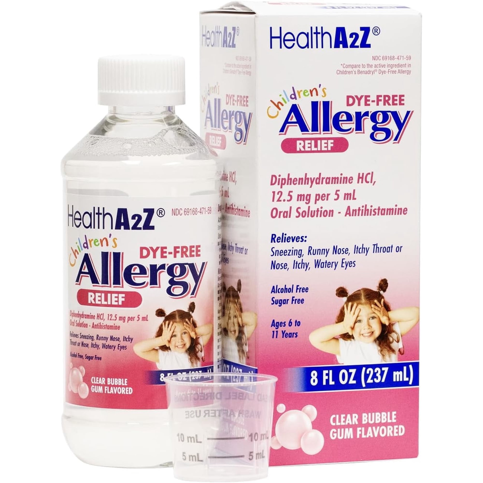HealthA2Z® Children's Allergy Relief | DYE Free | Diphenhyrdramine 12.5 mg | 5ml Oral Solution | 8Fl Oz (237 mL) | Antihistamine | Clear Bubble Gum Flavored | Alcohol and Sugar Free