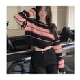 thumbnail image 3 of Slatcetga, suéter corto para mujer, patrón de rayas, cuello redondo, manga larga, Top de punto informal para otoño, rosa, talla libre, 3 of 8