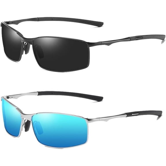 2 pack Men's Polarized Rectangular Sunglasses Metal Frame Fishing Driving Glasses Classic Shades for Men
