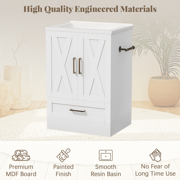 Lacoo 24" Bathroom Vanity with Sink Basin, Farmhouse Bathroom Storage Vanity Cabinet with 2 Doors & 1 Drawer, Freestanding Bathroom Cabinet with Washbasin, White