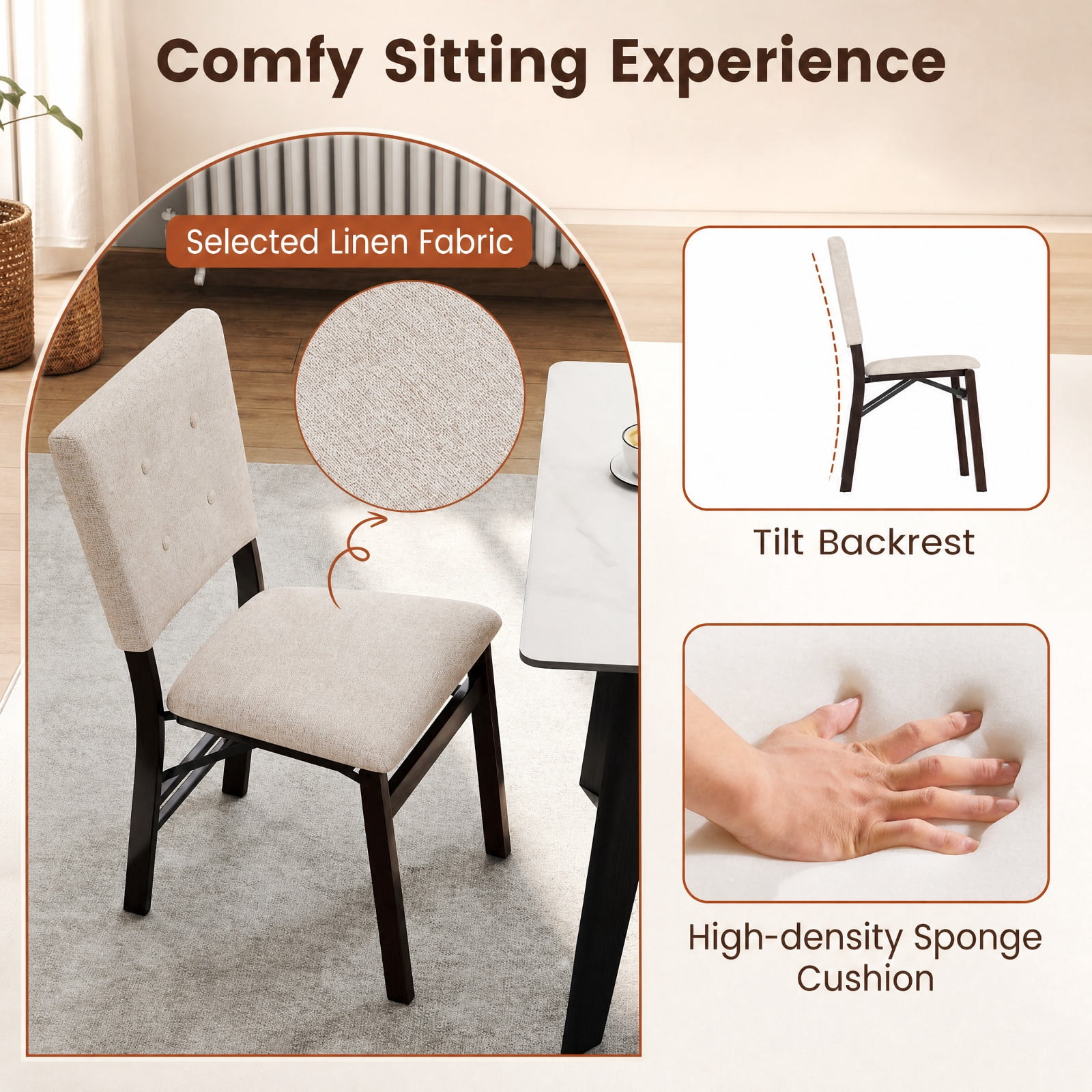 Furnibear Foldable Dining Chair Set of 2 Armless Kitchen Chair with Padded Seat and Tilt Backrest for Kitchen Dining Room Living Room Home, Beige