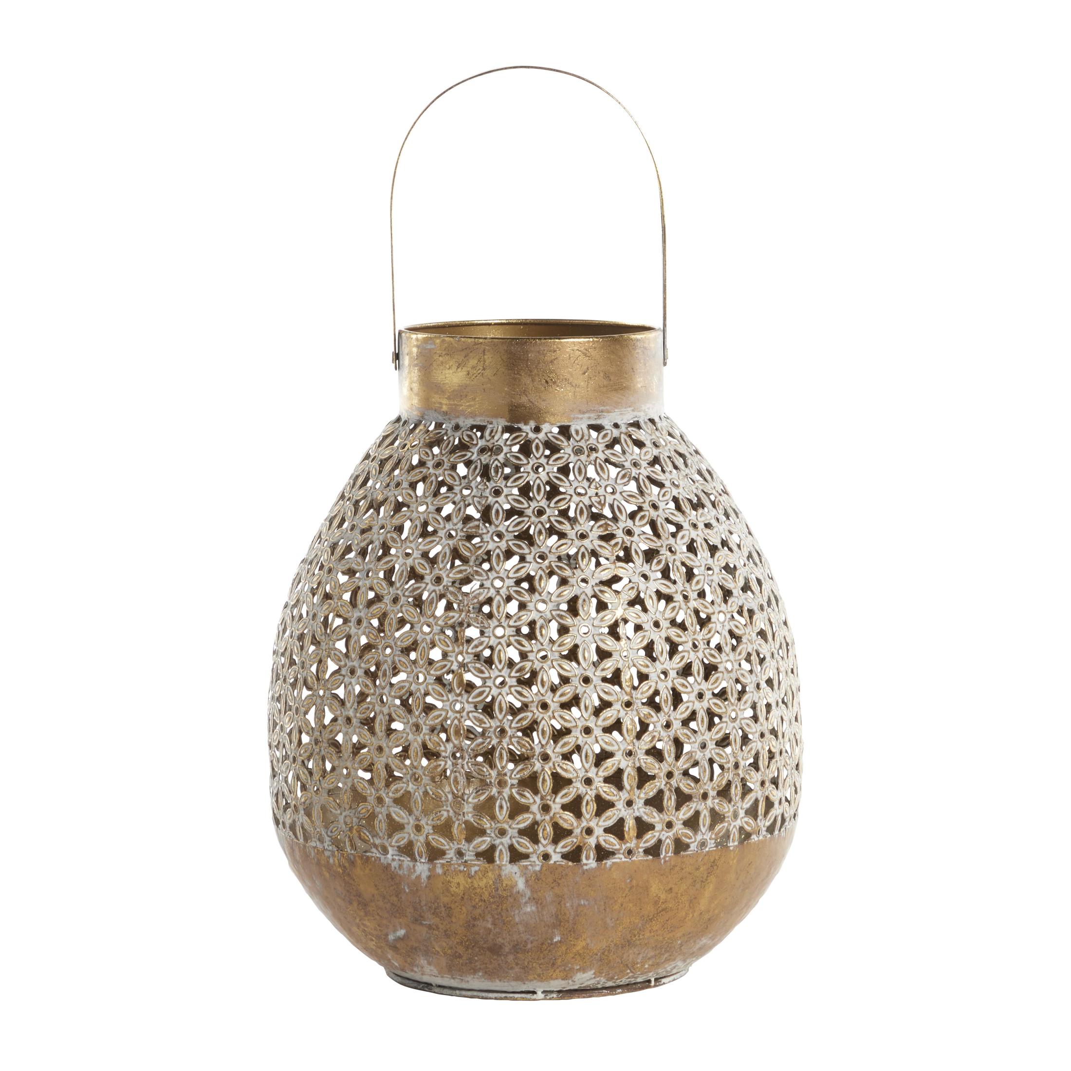 DecMode Gold Metal Moroccan Laser Cut Metal Decorative Candle Lantern with Handle