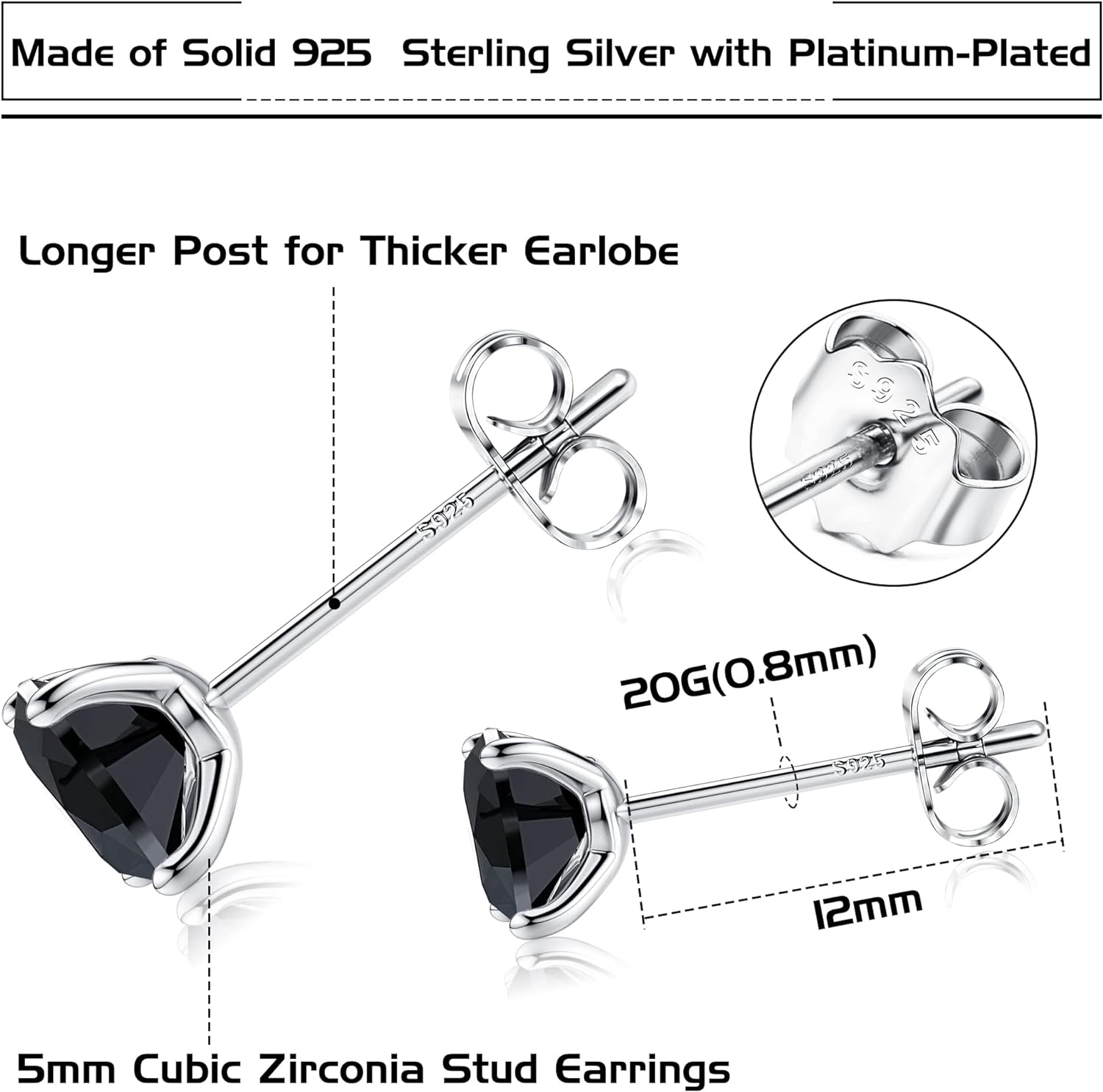 925 Sterling Silver 5Mm Long Post Cubic Zirconia Stud Earrings For Women Men, Cz Studs Earrings Hypoallergenic[Z4186]