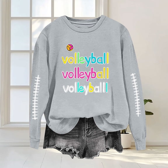 Trikvn Women's Volleyball Graphic Sweatshirts Long Sleeve Crewneck Pullover Tops Casual Fall Game Day Shirts Colorful Letter Print Sports Athlete Mom Clothing
