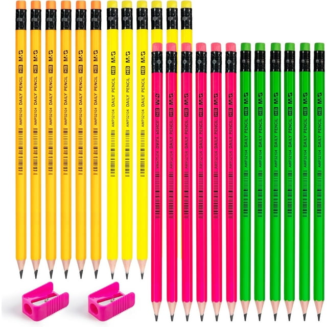 Daily Series 24 Pack HB Pencils, Pre-Sharpened Hexagonal Wood-Cased Pencils with Erasers, 4 Color Barrels, Includes 2 Mini Sharpeners for Writing Drawing and School Office Supplies