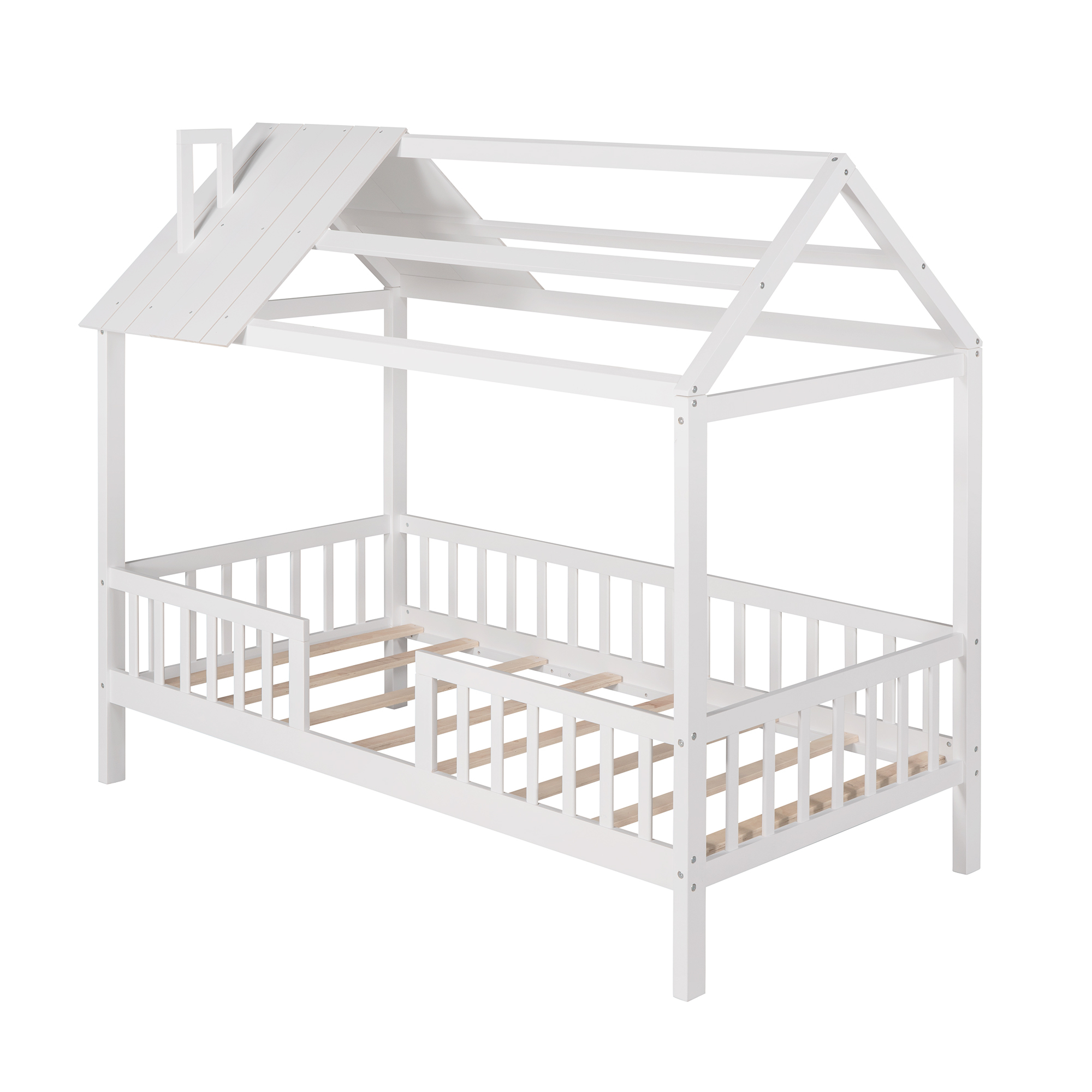Euroco Twin Size Platform Bed, House Bed with Fence for Kids, White