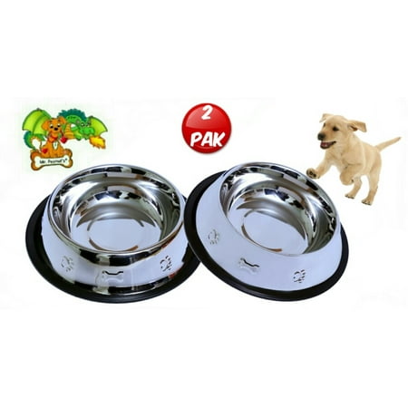 - Set of 2 Etched Food Grade Stainless Steel Dog Bowls, 32oz Dry Weight, Dishwasher Safe, Bacteria & Rust Resistant, with Non-Skid No-Tip Natural Rubber Base, Odor Free Alternative to Plastic