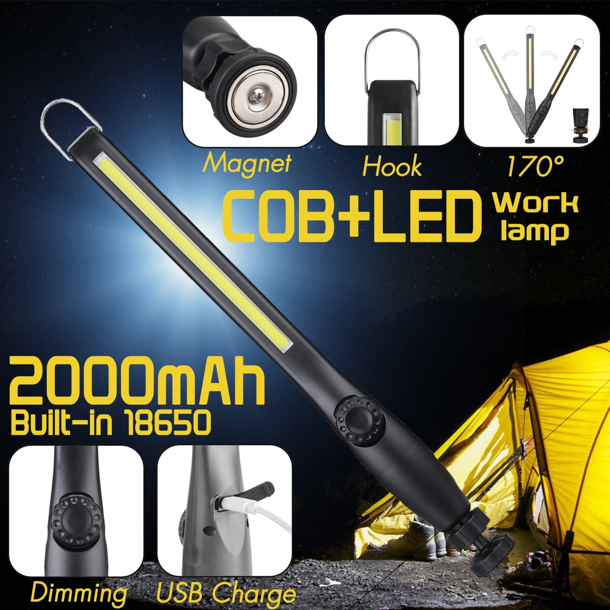 5000 Lumens COB LED Flashlight USB Rechargeable Portable Light
