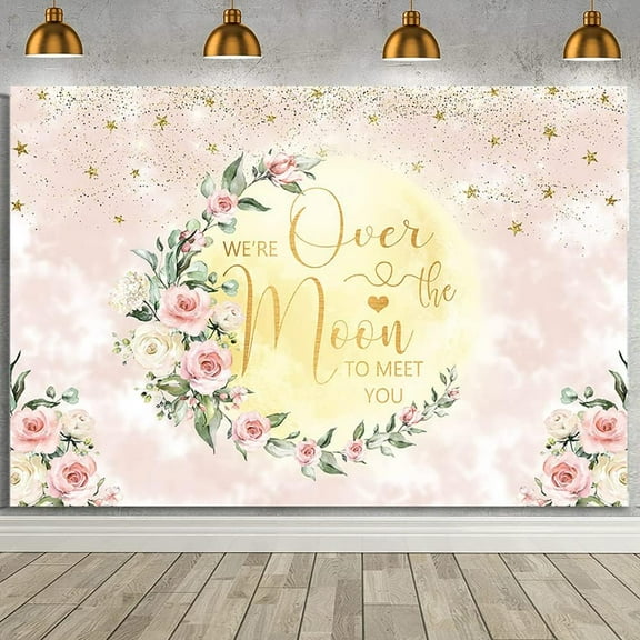 7x5FT We are Over The Moon Baby Shower Backdrop Pink Floral Gold Glitter Star Baby Shower Photo Background Baby Shower Decorations for Girl Newborn Birthday Party Supplies Banner