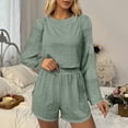 thumbnail image 6 of ROHUUQUE Pajama Sets for Women 2 Piece Solid Long Sleeve Tops Hollow Out Elastic Waist Shorts Pjs Outfits, 6 of 9