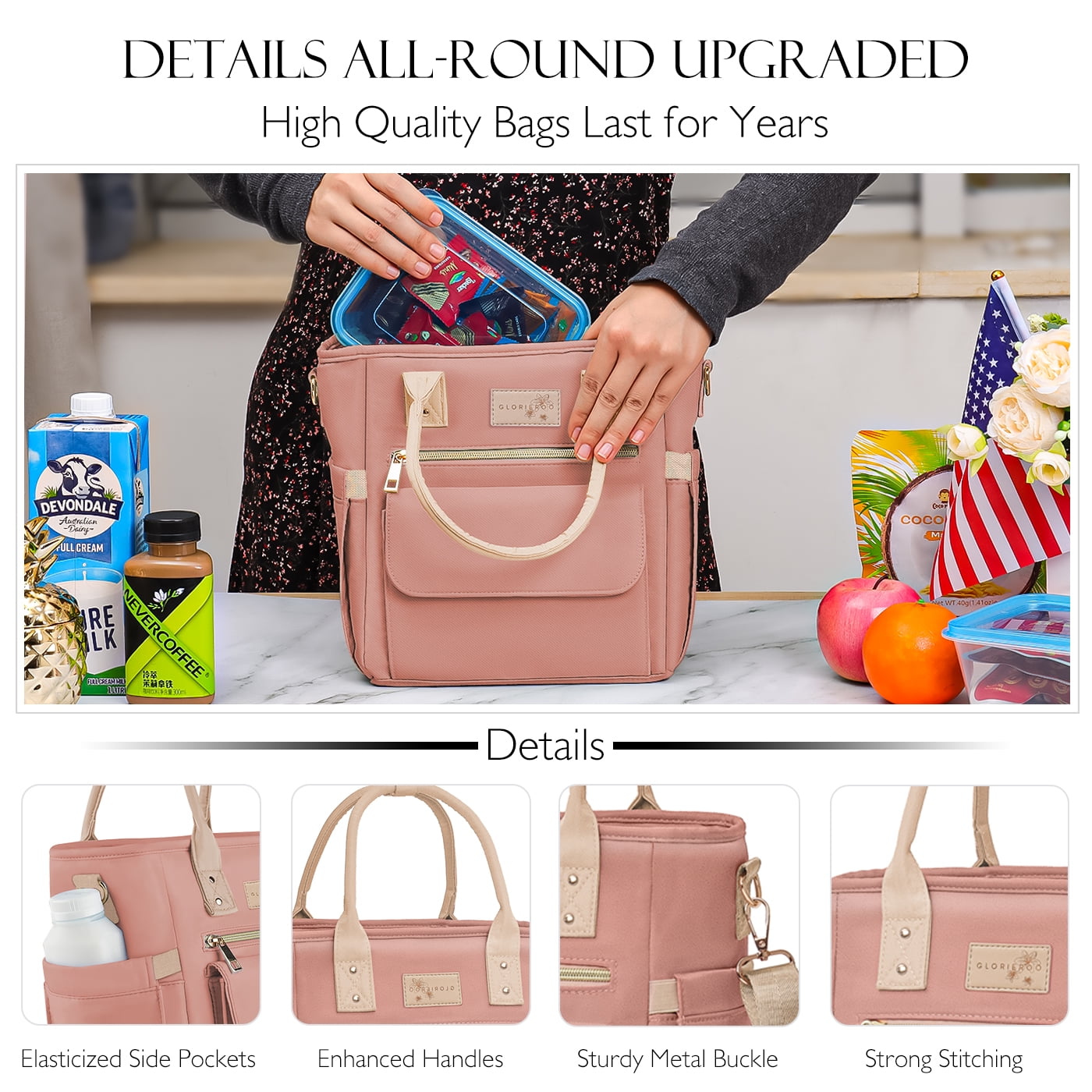 Deluxe Large Insulated Lunch Bag Box Women - Leakproof Waterproof Cooler with Multi Pockets Removable Strap for Work Picnic - Teacher Mothers Day Christmas Birthday Gifts