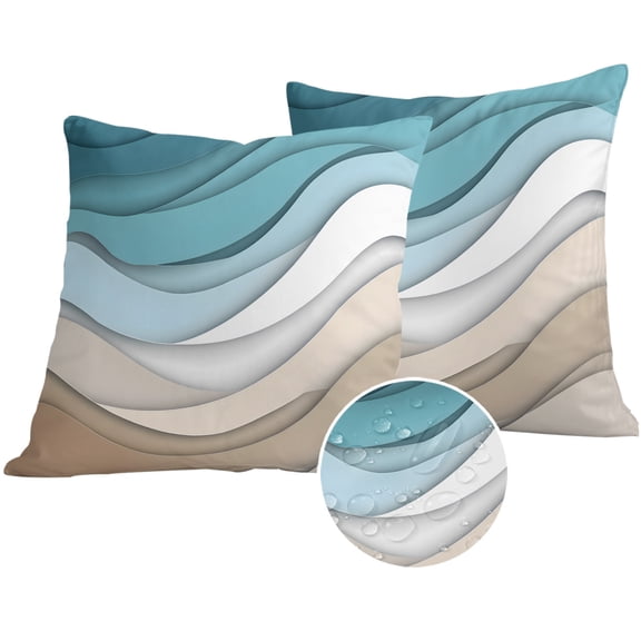 Turquoise Brown Outdoor Pillow Covers 18x18 Set of 2,Waterproof Patio Throw Pillowcase Protectors,Teal White Geometric Gradient Stripes Decorative Pillow Shams Cushion Covers for Seat Bed Couch Sofa