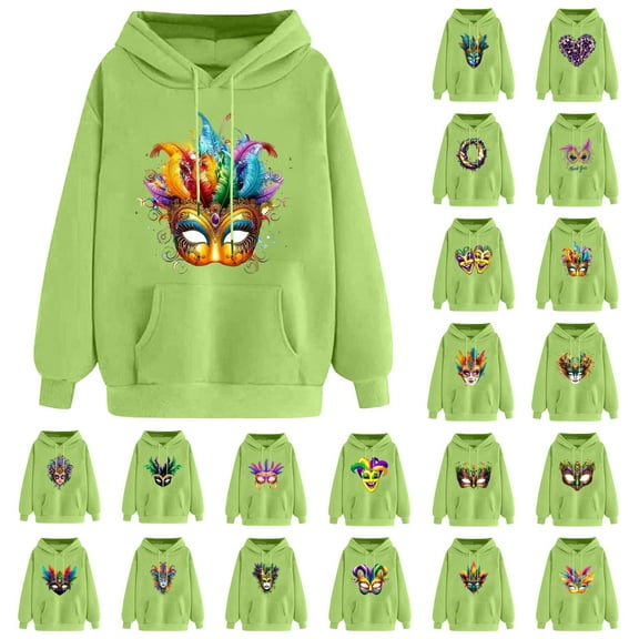 VBTAPA Mardi Gras 2025 Hoodies for Women Carnival Mask Printed Long Sleeve Drawstring Hooded Sweatshirt Novelty Holiday Pullover Hoodie with Kangaroo Pocket Green M