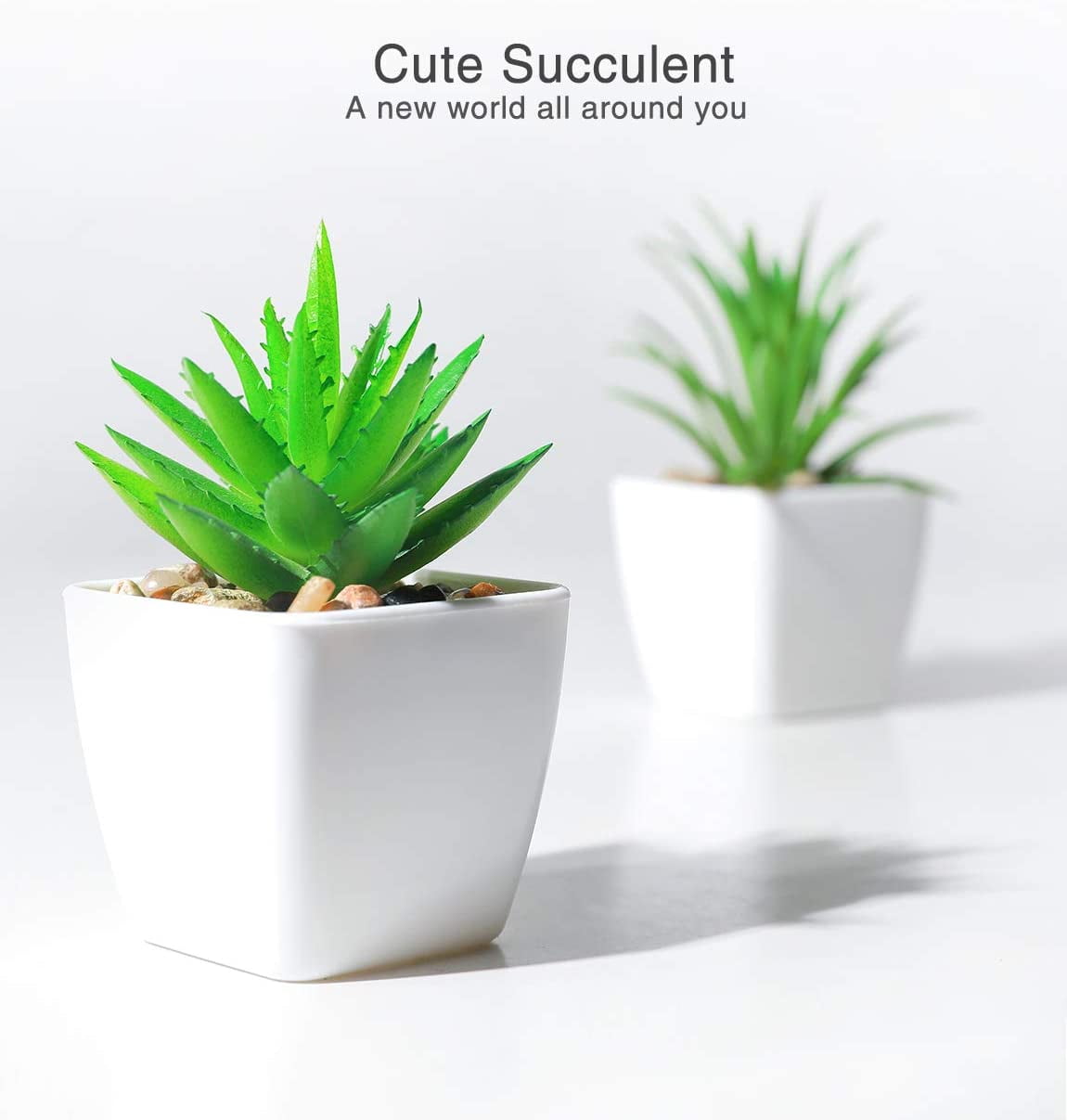 Fake Succulents Plants Artificial Potted Faux Plant in Mini Square White Pots for Home Office Bathroom Desk Shelf Decor Set of 4(Green)