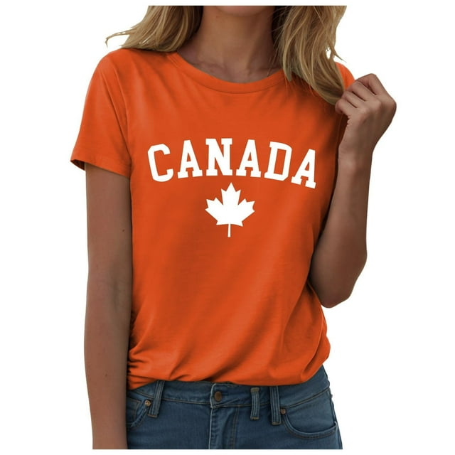 WEIYLL T Shirts for Women Canada Day Letter Maple Leaf Print Orange Tee Sizes S