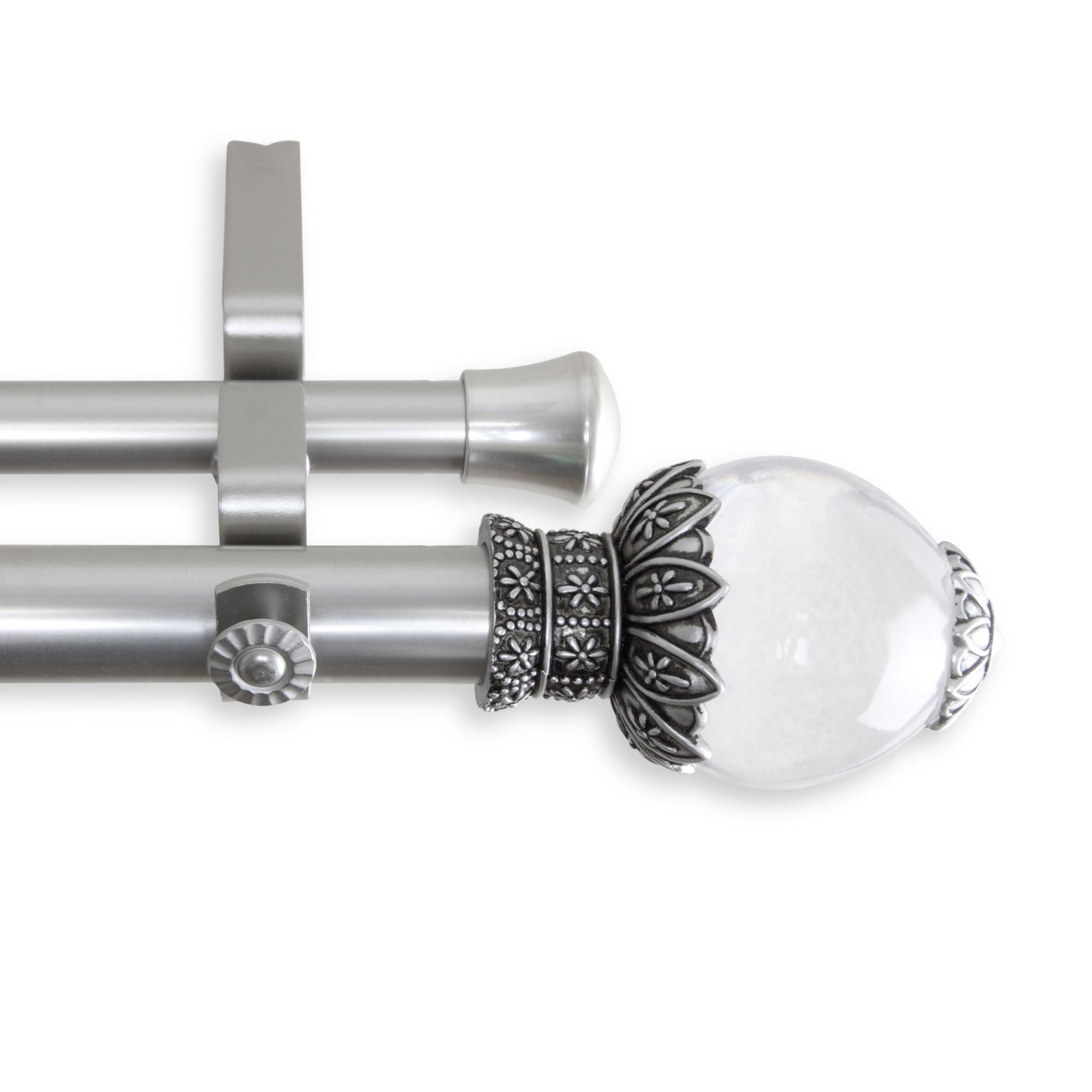 90Inch Silver Solid Double Curtain Rod With Crystal Ends