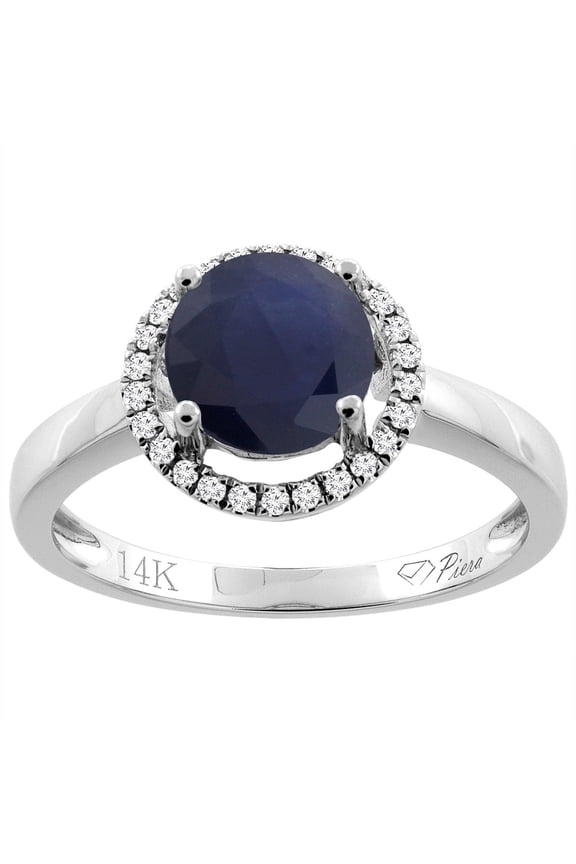 14K White Gold Natural HQ Blue Sapphire Ring Round 7 mm Diamond Accents, size 7