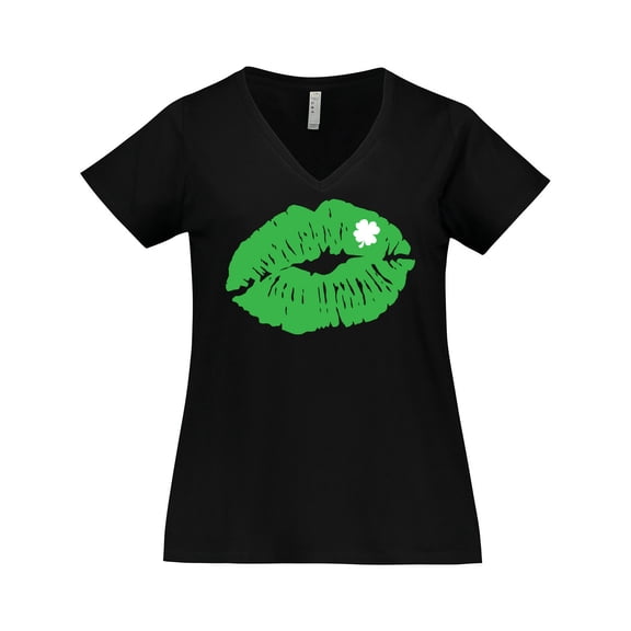 Inktastic St. Patrick's Day Lucky Lips with White Shamrock Women's Plus Size V-Neck T-Shirt