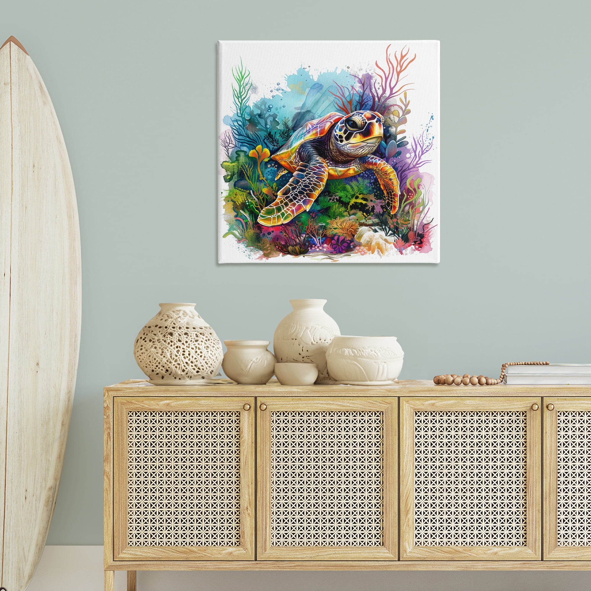 Stupell Industries Coral & Sea Life Turtle Animals Painting Wrapped Canvas Art Print Wall Art, 36 x 36
