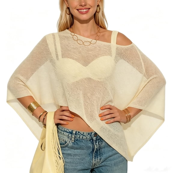 Women Sheer Poncho Top Lightweight Knit Crochet Shrug Bolero Mesh Batwing Sleeve Sweater Cover Up Beachwear