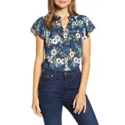Bobeau Women's Blouse Small Tie-Neck Flutter Floral-Print Blue S