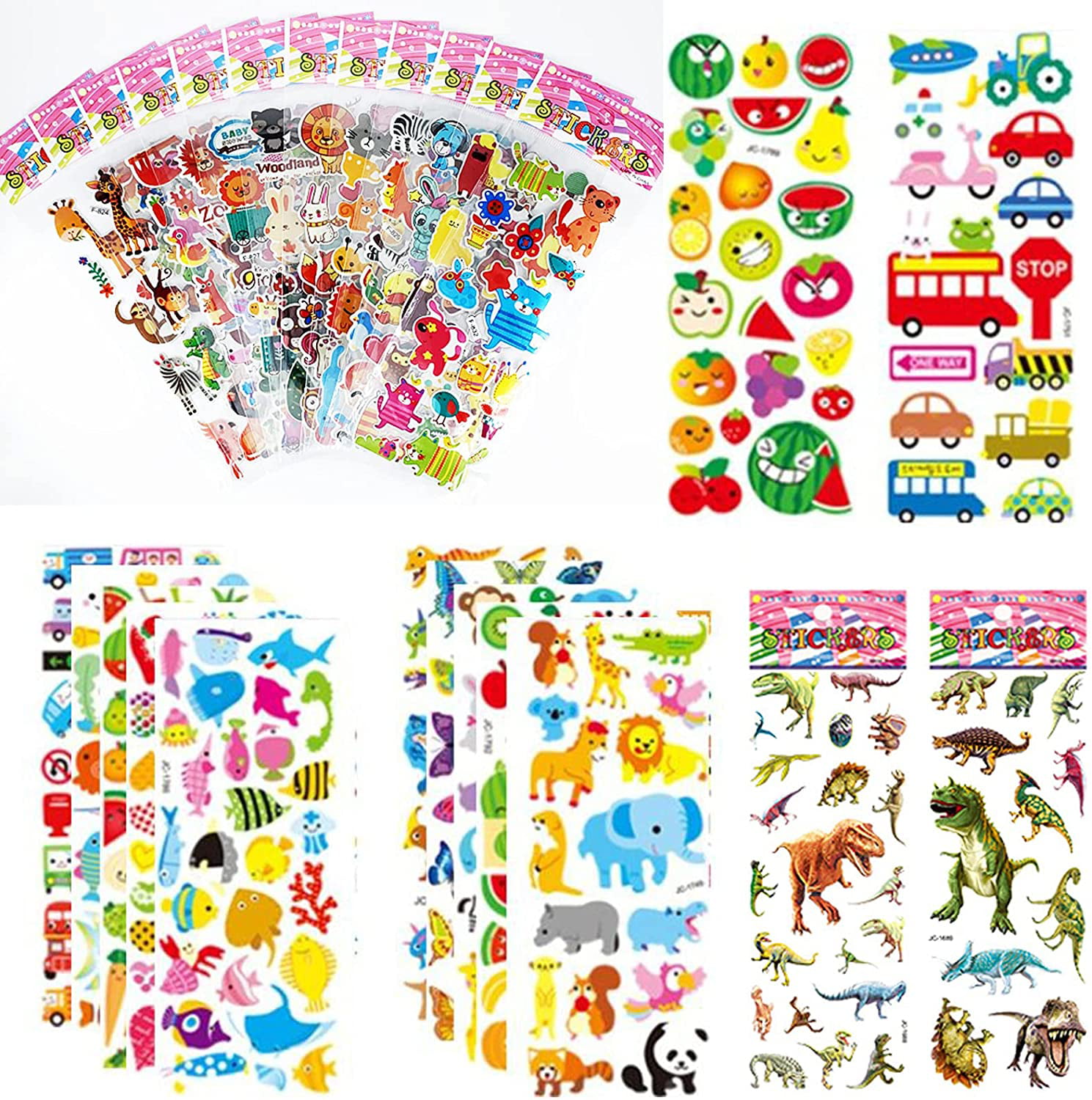 6 Sheets 3D Puffy Bubble reward stickers kids car dinosaur sport education Fun 
