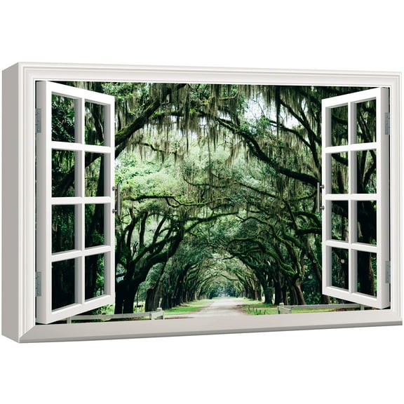 wall26 Canvas Print Wall Art Window View of Road Under Southern Trees Nature Wilderness Photography Realism Rustic Scenic Colorful Relax/Calm Ultra for Living Room, Bedroom, Office - 16"x24&quot