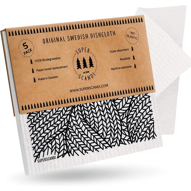 SUPERSCANDI 5 Pack Swedish Dish Cloths for Kitchen - 100% Biodegradable & Compostable | Washable Kitchen Cloths, Food-Safe & Without Plastic - Reusable Paper Towel for Any Surface Line Knitting Black