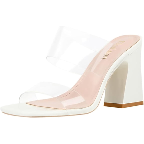 NDEGSHSM Women's Clear Two-Strap Chunky Heeled Slides – Transparent Block Heel Sandals, Size 6-11