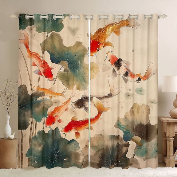 Manfei Ink Koi Fish Black Out Curtains, Lotus Leaf Pond Curtains Pack of 2 (42x63 Each) Home Decor, Beige Green Orange