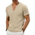 thumbnail image 2 of Men's Oversized V-Neck Linen Short Sleeve T-Shirt Lightweight Breathable Casual Top for Beach Summer Wear Men's Linen T-Shirts,Khaki,XXL, 2 of 5