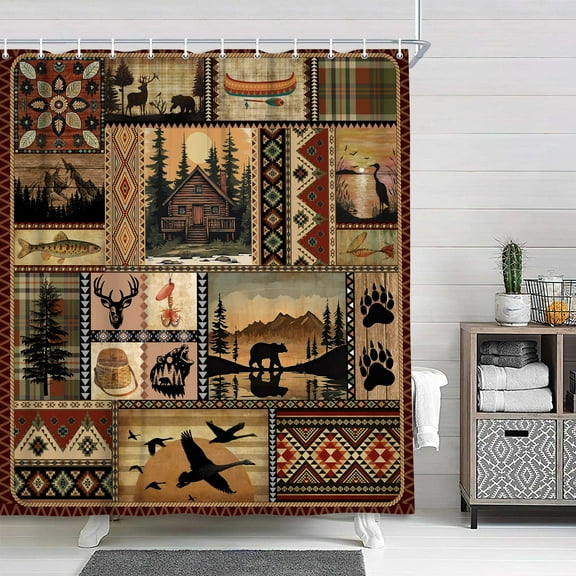 Cabin Shower Curtain, Rustic Cabin Lodge Fabric Bath Curtain, Bear Moose Farmhouse Lodge Wooden Board Cloth Shower Curtains Wild Animal Hunting Bathroom Accessories with Hooks, Tan Brown, 72X72in
