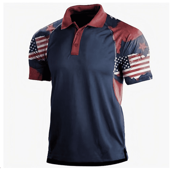 Men's Quick Dry American Flag Print Short Sleeve Polo Shirt, Breathable Moisture Wicking Button Down Golf Polo Top for Sports & Casual Wear