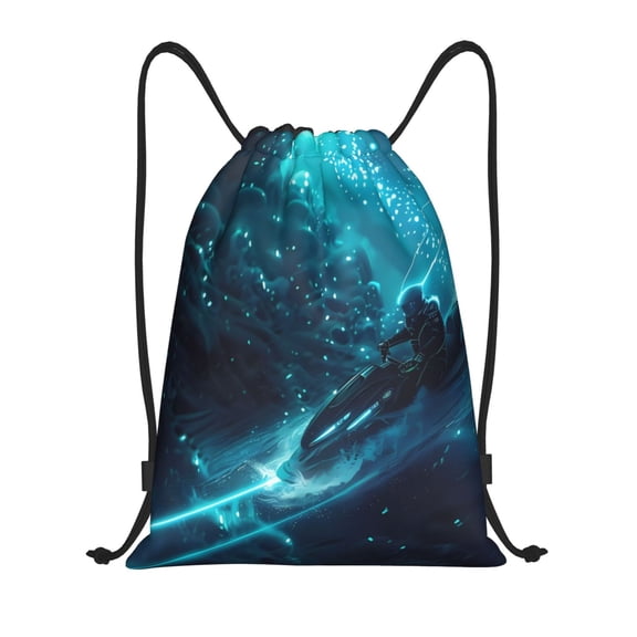 Defioc Futuristic Jet Ski Adventure for Drawstring Backpack Sports Gym Bag for Women Men Children Adult Sackpack Yoga Bag for Wet Swimming,Gym,and Workout Gear -Small