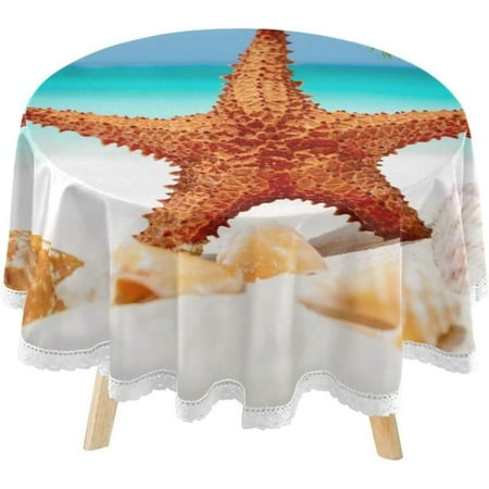 SKYSONIC Starfish White Sandy Beach Round Tablecloth 60inch Indoor Wrinkle Free, Coconut Palm Tree Circular Lace Table Cover Washable for Kitchen Party BBQ Dining Decor