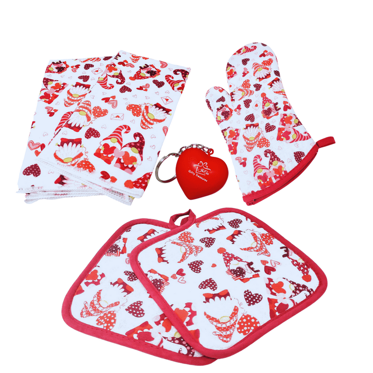Red Holiday Kitchen Set 2 Towels 1 Oven Mitt 2 Scrubbers & 2 Pot