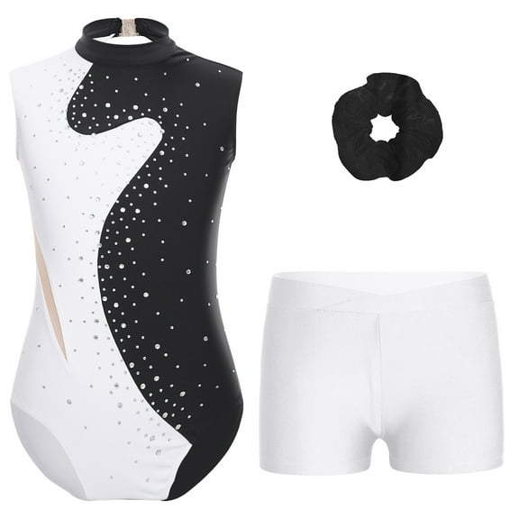 YONGHS Girls Sparkly Dance Unitards Biketards Gymnastics Leotards with Shorts Hair Tie Black 6