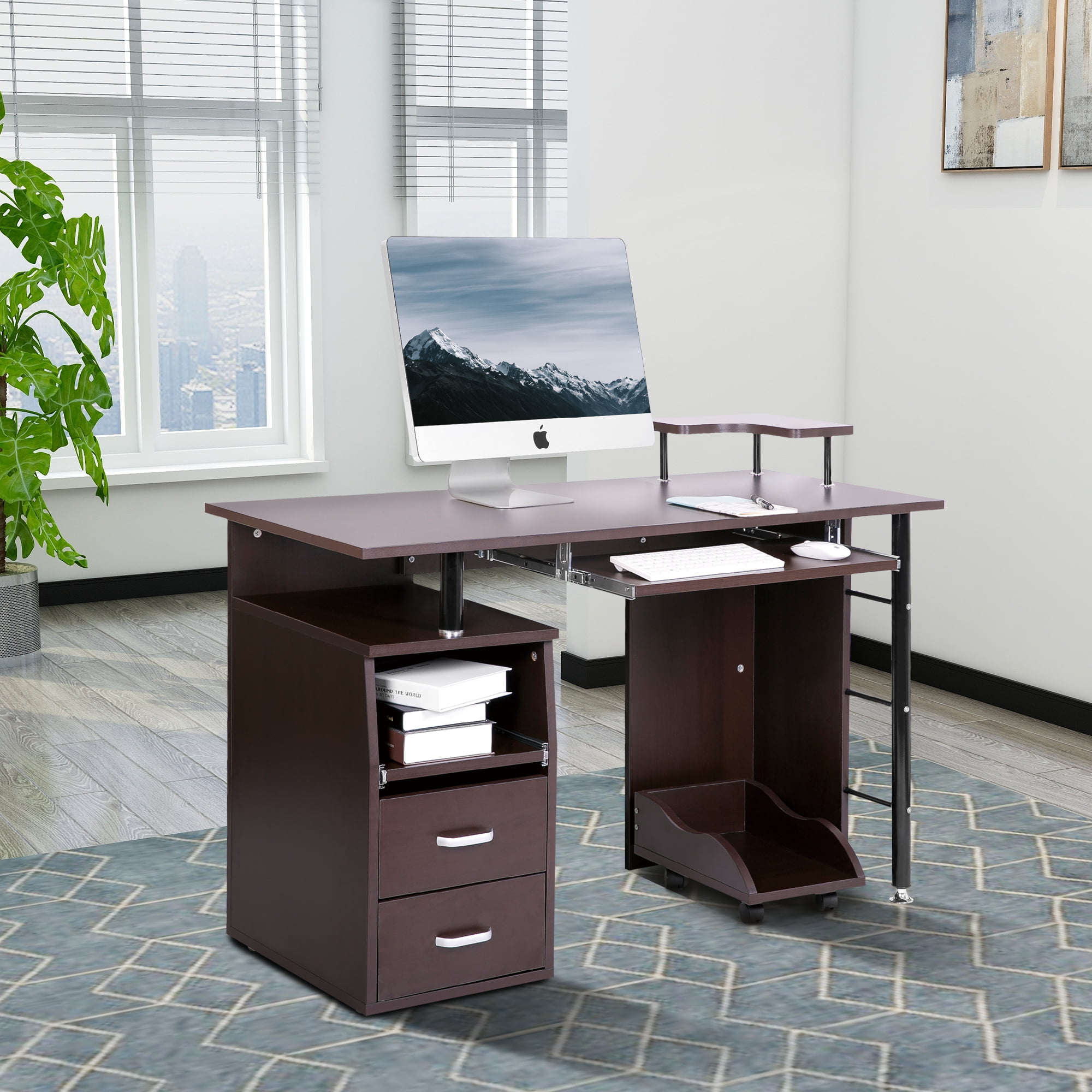 Euroco Contemporary Wooden Computer Desk With Keyboard Tray And