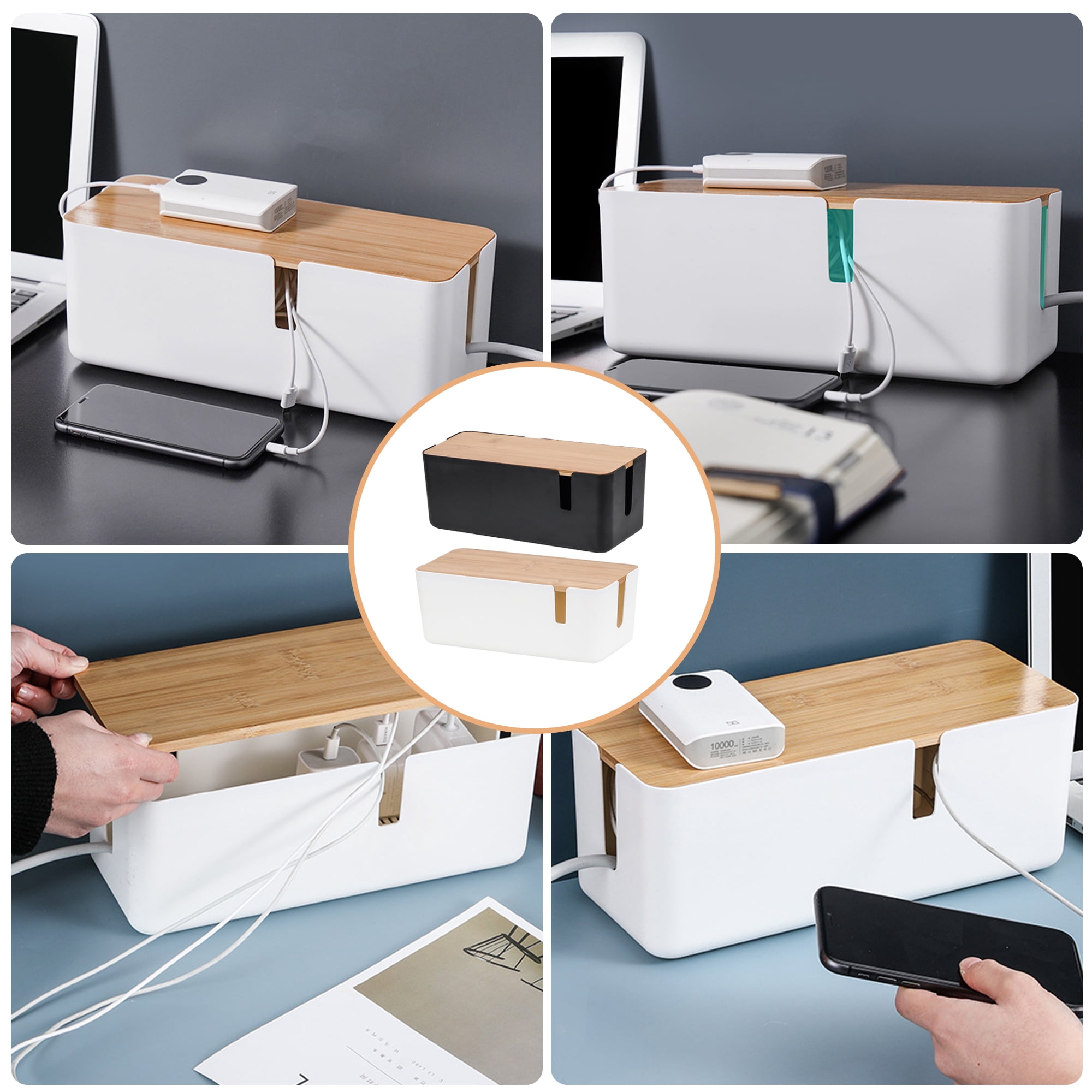Cable Management Box - 12x 5x 4.5 inches, Cable Cover & Wood Lid, Cord Organizer for Desk TV Computer USB Hub System to Cover and Hide & Power Strips & Cords (Black)